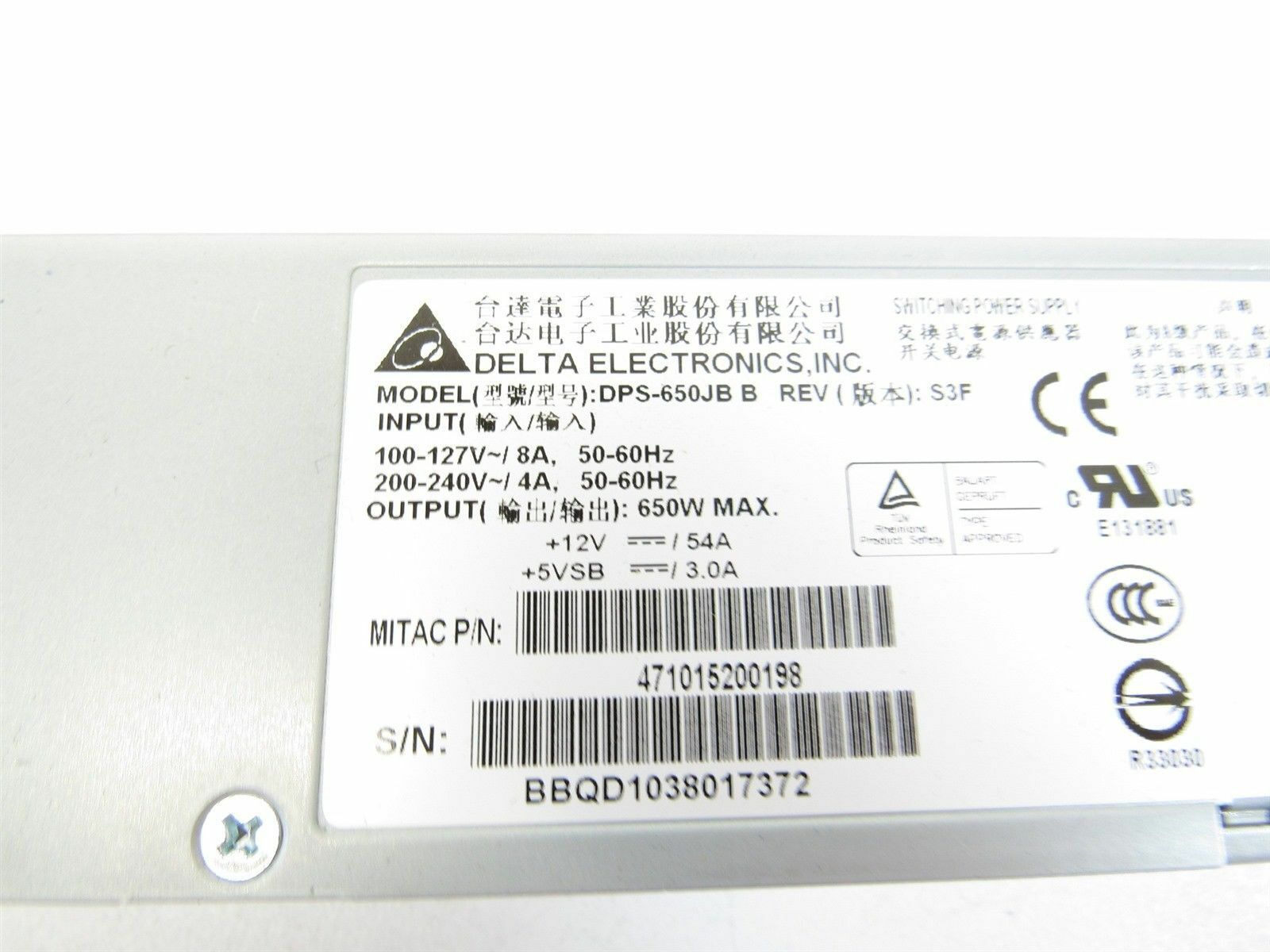 Delta Electronics DPS-650JB Server - Power Supply 650W, DPS-650JB B,1U FRU-CPSU-0330 Used A