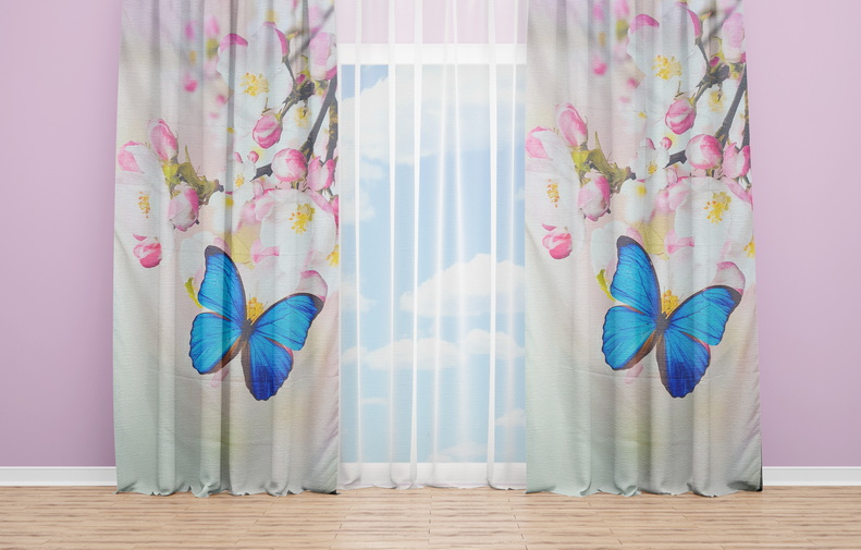 OYO Home SL FPR 24A New 240cm Blue Butterfly on Bloom Tree Curtains 280cm